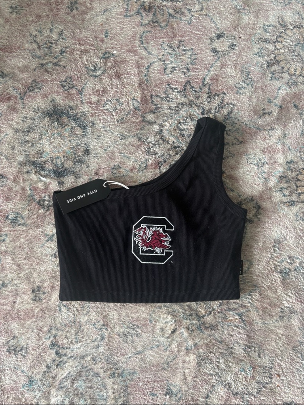 Black One-Shoulder Crop Top with Embroidered Gamecock Logo